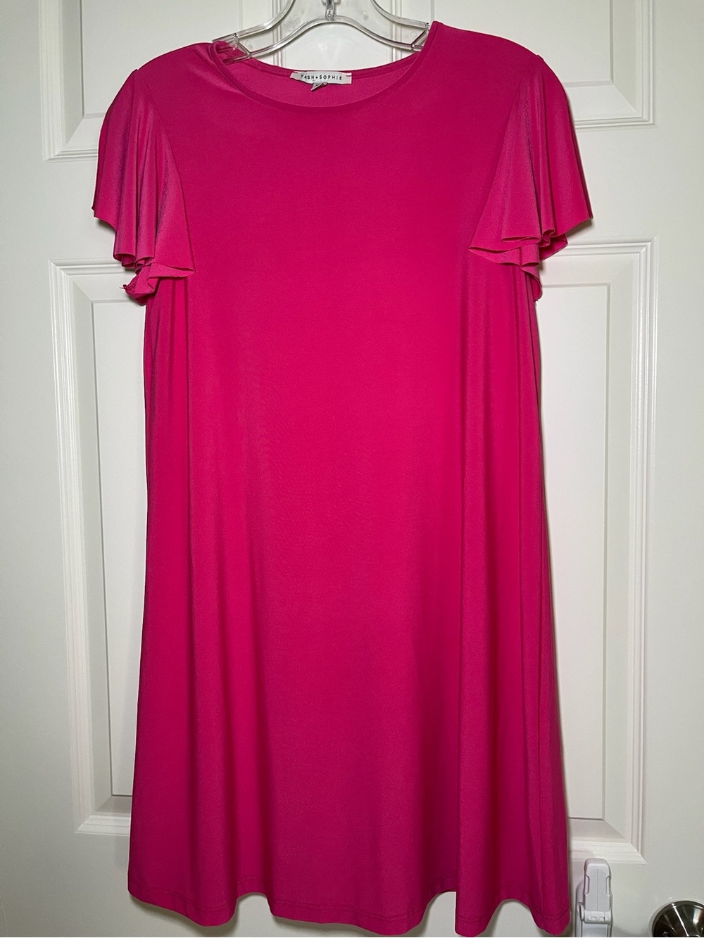 Fuchsia Short Flutter Sleeve Jersey Flounce Hem Mini Dress Relaxed A Line Shift - Picture 3 of 8